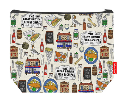 Premium fish and chips wash bag with practical 29cm size and vibrant HD print