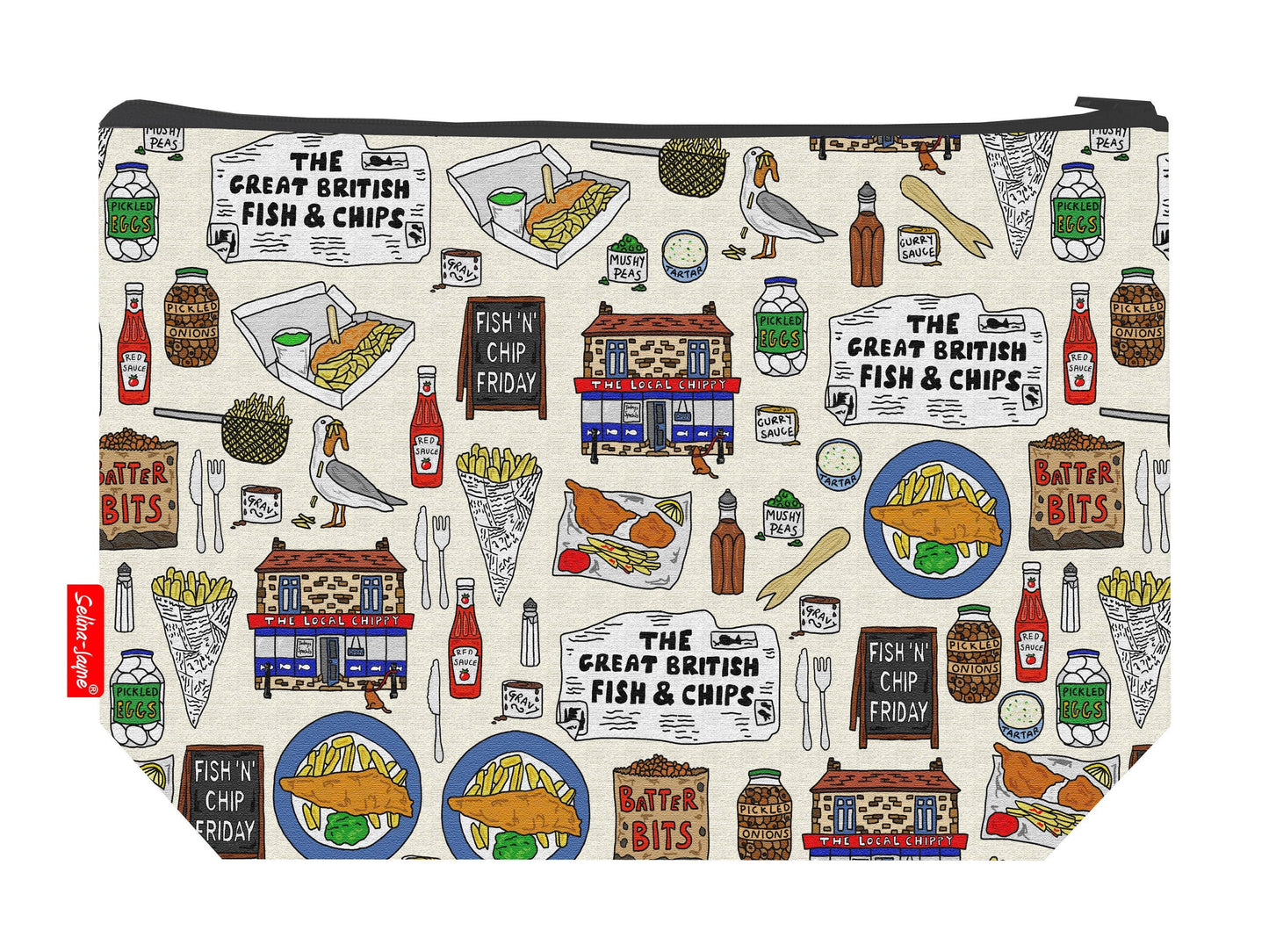 Fish and chips toiletry bag with British food design showing washable lining and zip detail