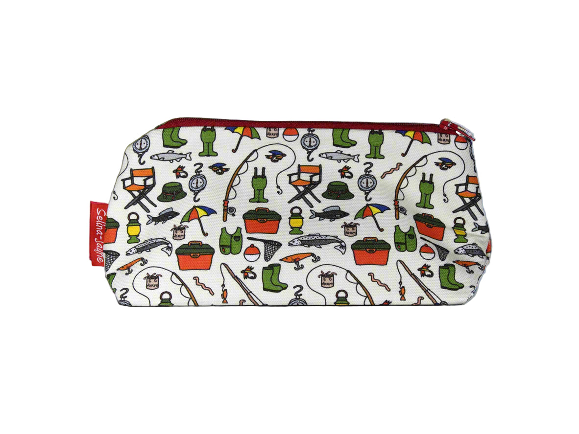 Fishing cosmetic bag with angler-themed illustration on durable polyester fabric with colour-coordinated zipper