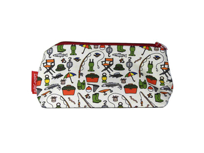 Fishing cosmetic bag with angler-themed illustration on durable polyester fabric with colour-coordinated zipper