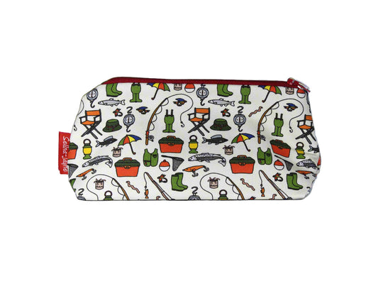Fishing cosmetic bag with angler-themed illustration on durable polyester fabric with colour-coordinated zipper