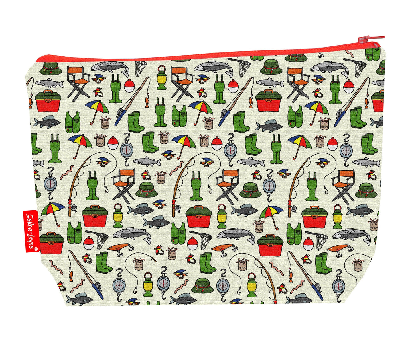Fishing toiletry bag with angler design showing washable lining and zip detail