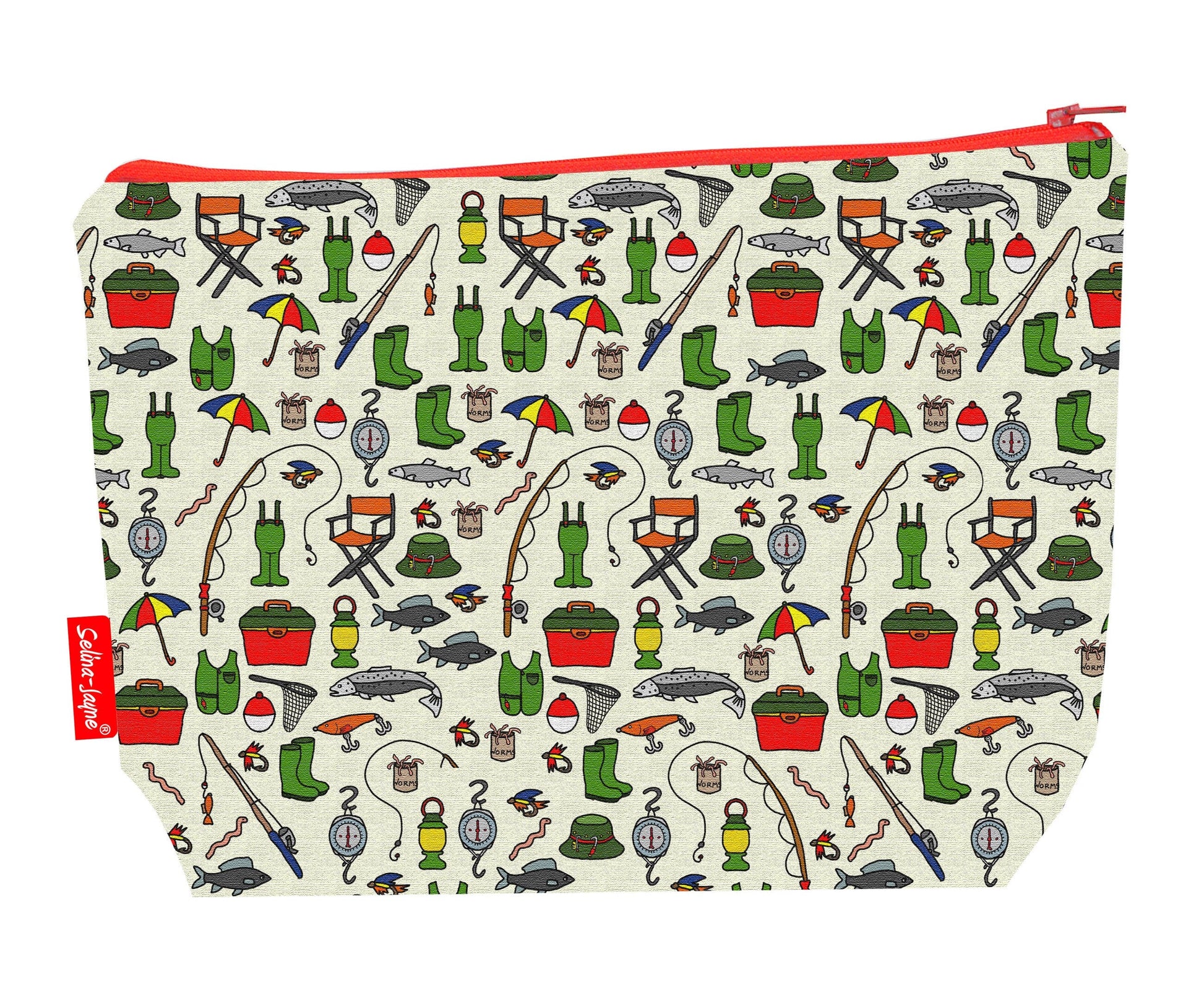Fishing toiletry bag with angler design showing washable lining and zip detail