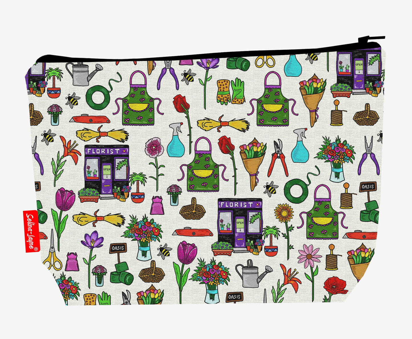 Florist toiletry bag with floral design showing washable lining and zip detail