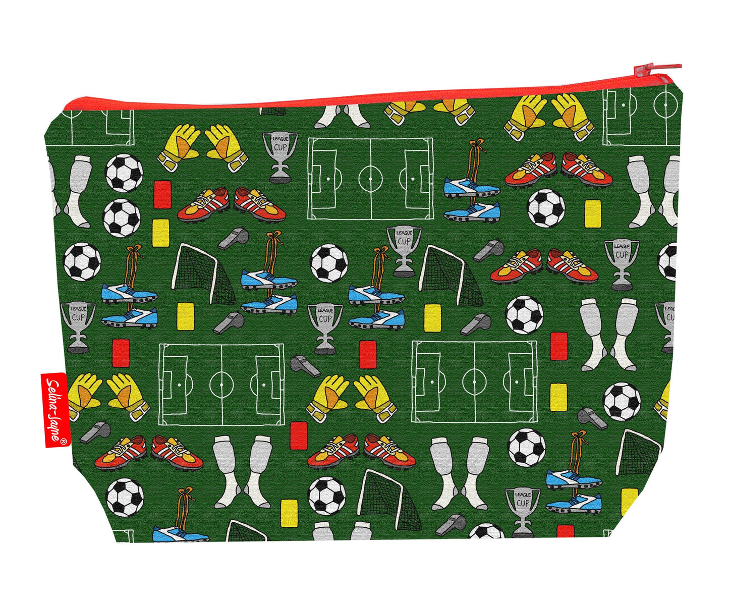 Football toiletry bag with sports design showing washable lining and zip detail