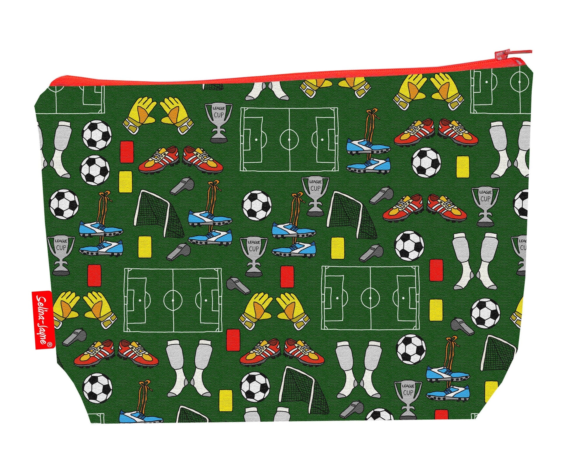 Football toiletry bag with sports design showing washable lining and zip detail