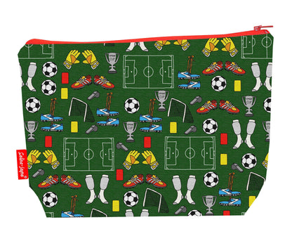 Football toiletry bag with sports design showing washable lining and zip detail