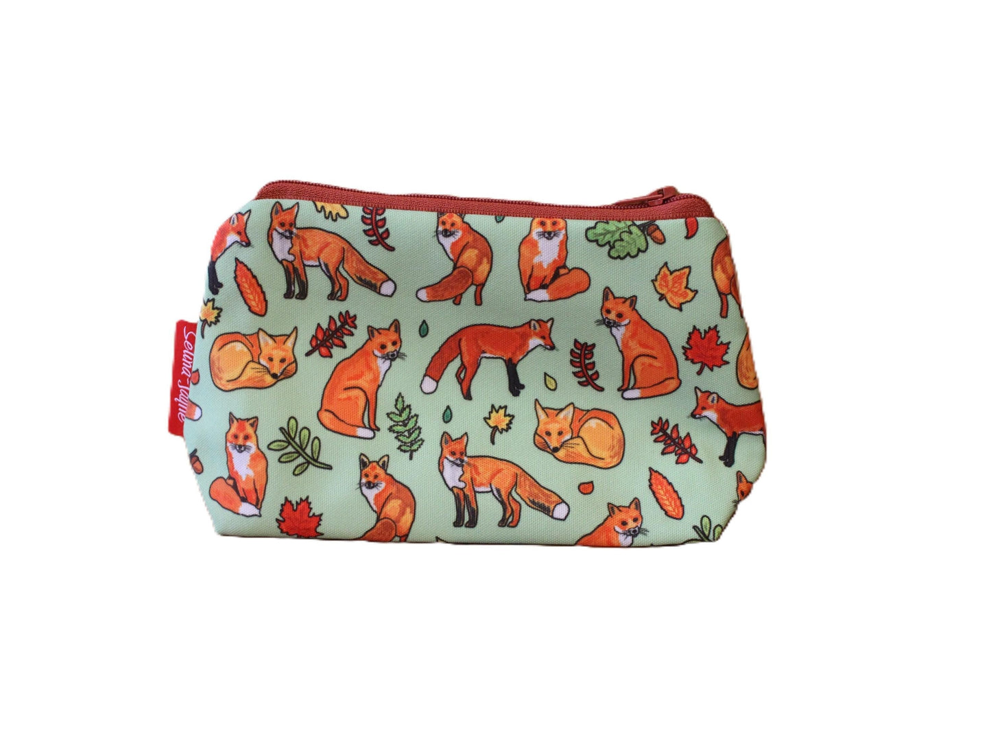 Fox cosmetic bag with charming wildlife illustration on durable polyester fabric with colour-coordinated zipper