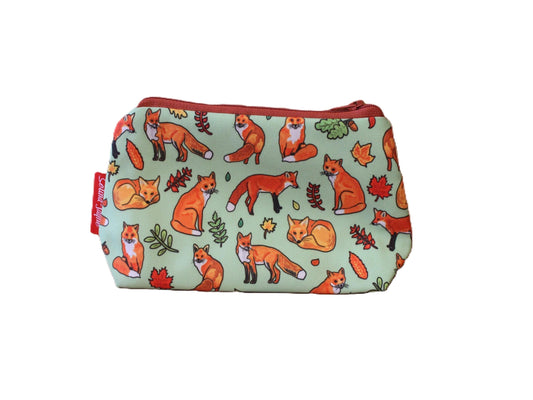 Fox cosmetic bag with charming wildlife illustration on durable polyester fabric with colour-coordinated zipper