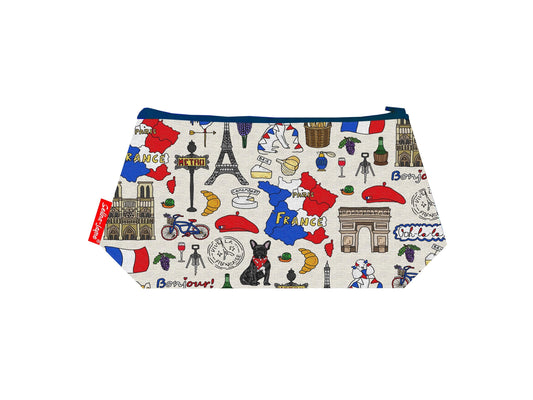 France cosmetic bag with French-themed illustration on durable polyester fabric with colour-coordinated zipper