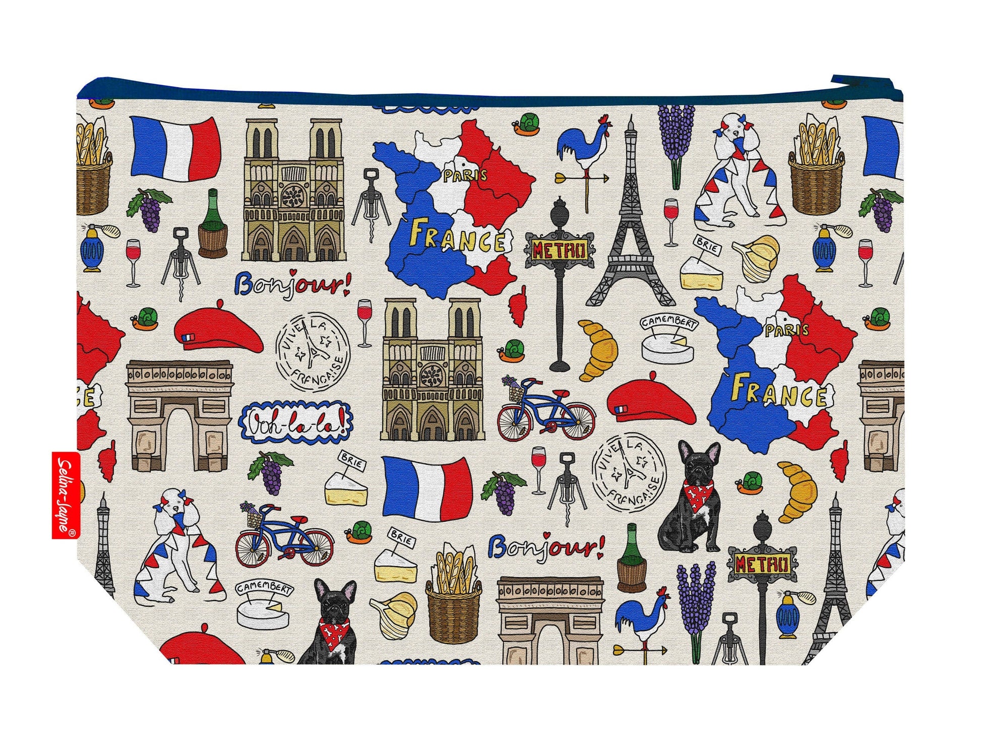 France toiletry bag with French design showing washable lining and zip detail