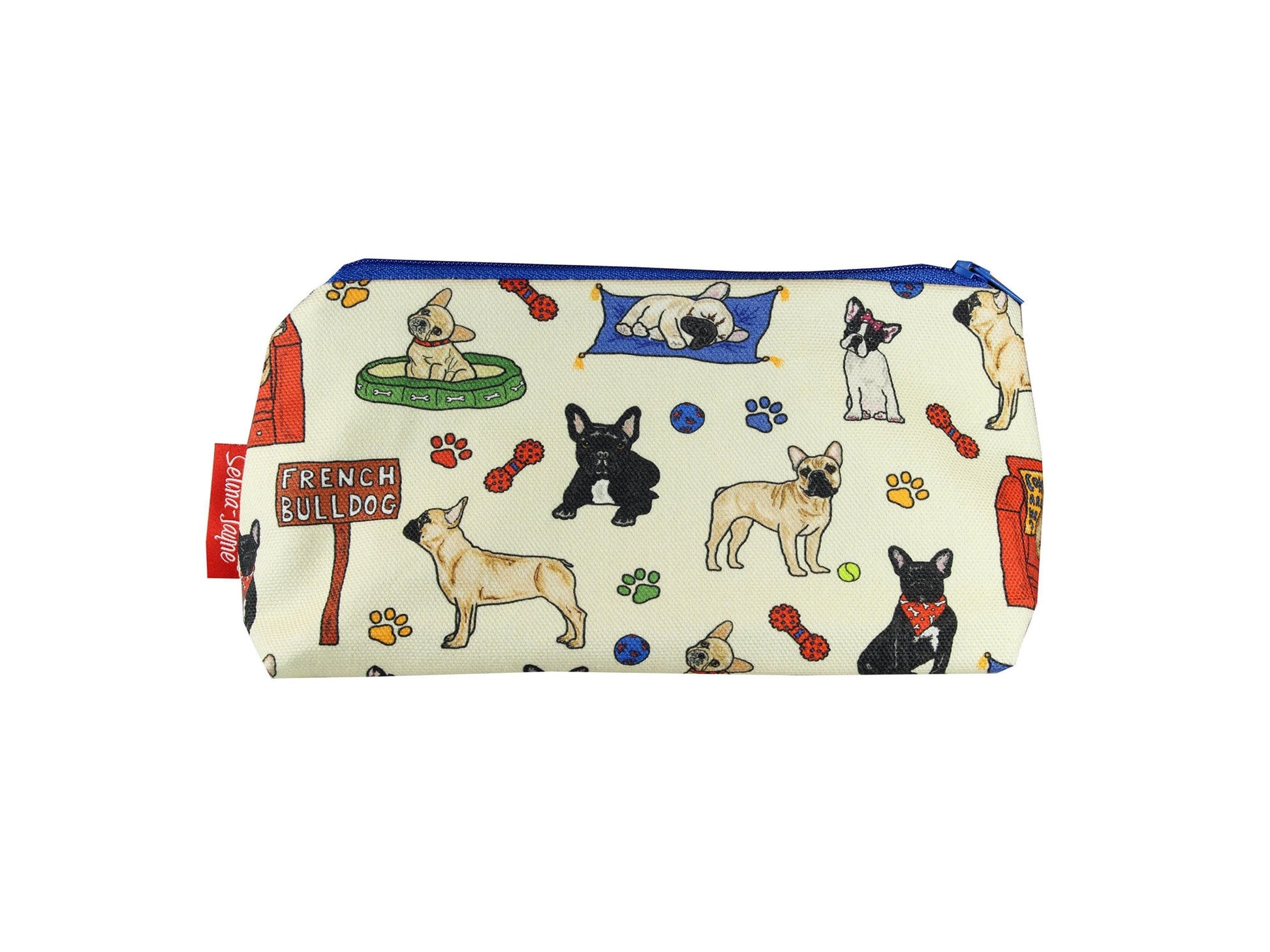 French Bulldog cosmetic bag with charming dog illustration on durable polyester fabric with colour-coordinated zipper