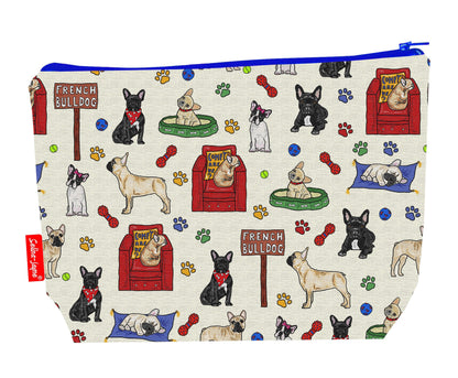 French Bulldog toiletry bag with dog breed design showing washable lining and zip detail