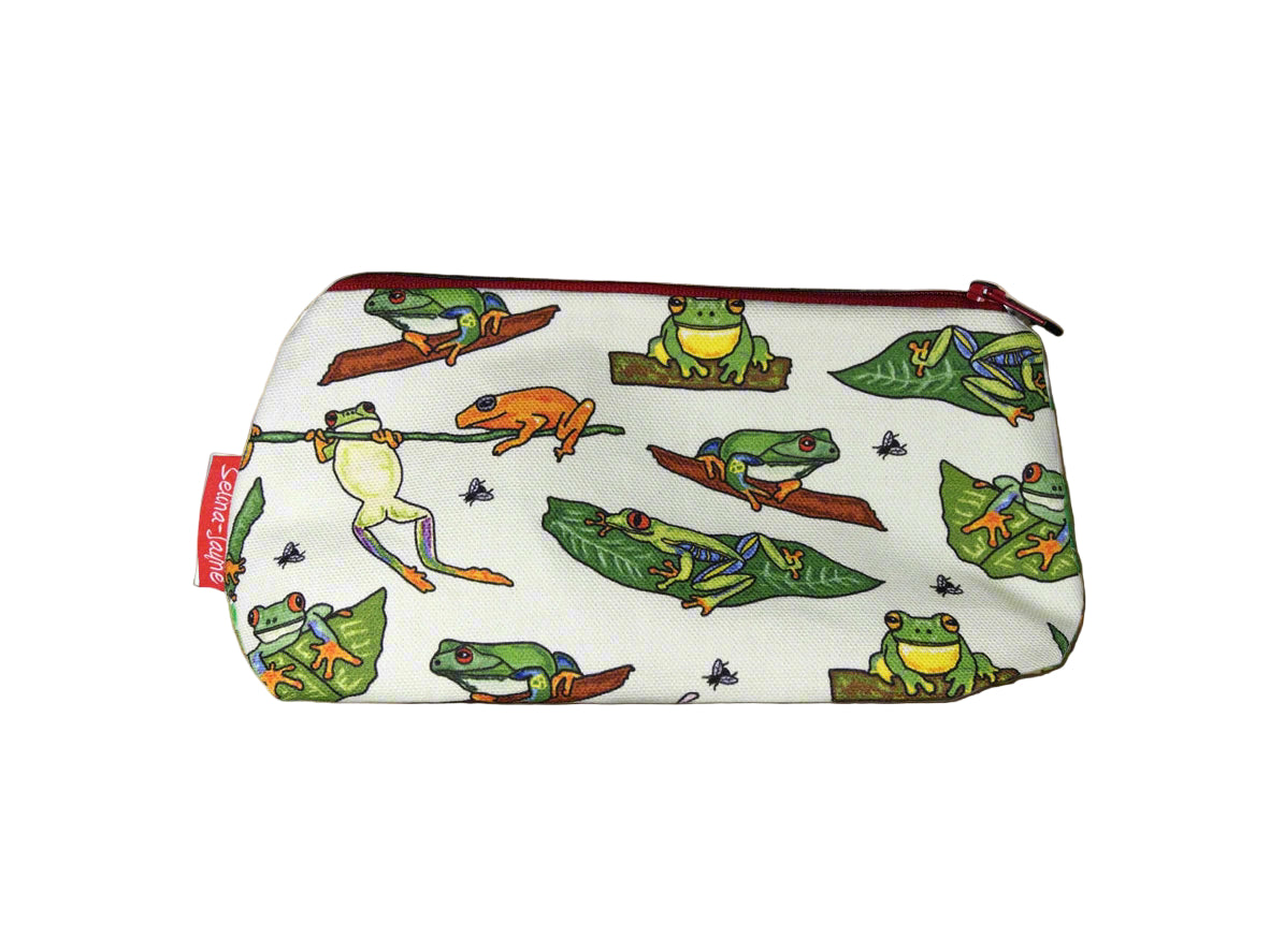 Frogs cosmetic bag with charming amphibian illustration on durable polyester fabric with colour-coordinated zipper