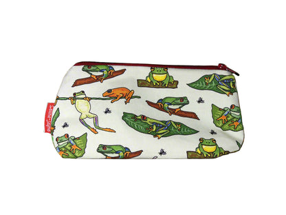 Frogs cosmetic bag with charming amphibian illustration on durable polyester fabric with colour-coordinated zipper