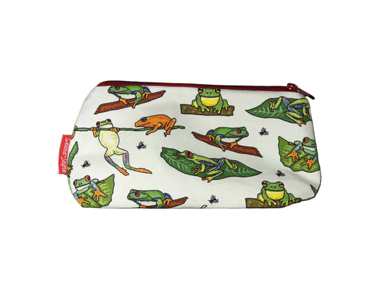 Frogs cosmetic bag with charming amphibian illustration on durable polyester fabric with colour-coordinated zipper