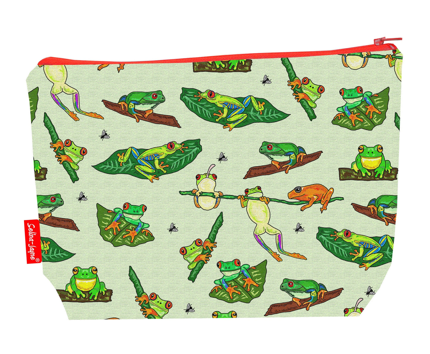 Frogs toiletry bag with wildlife design showing washable lining and zip detail