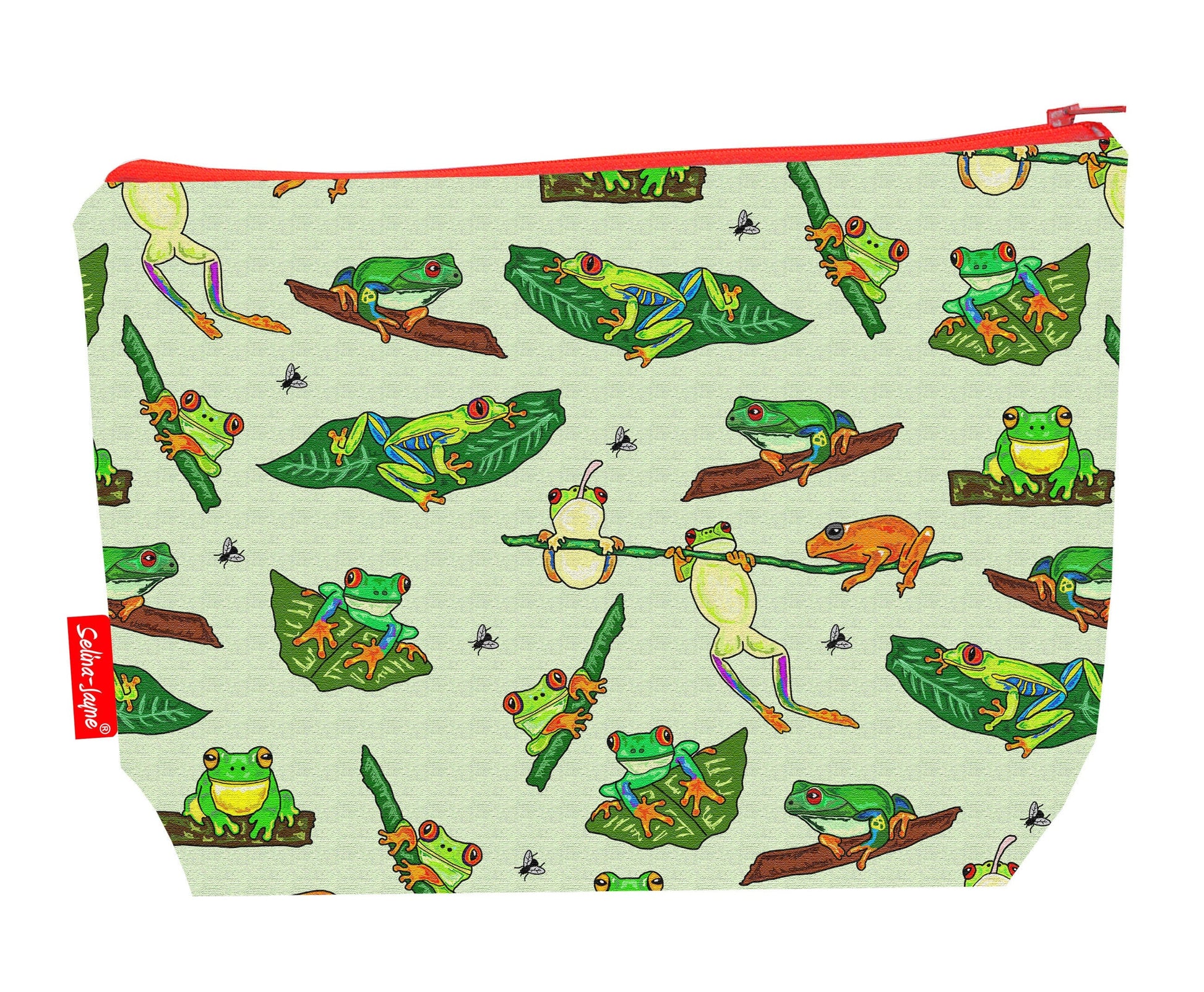 Frogs toiletry bag with wildlife design showing washable lining and zip detail