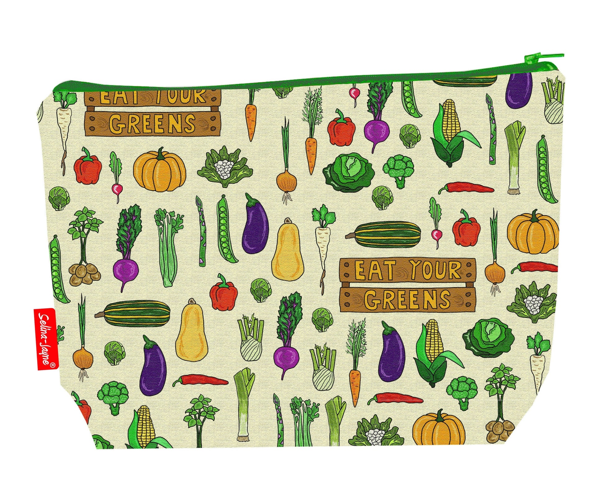 Garden vegetables toiletry bag with vegetable design showing washable lining and zip detail