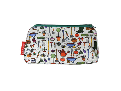 Gardening cosmetic bag with horticultural illustration on durable polyester fabric with colour-coordinated zippe