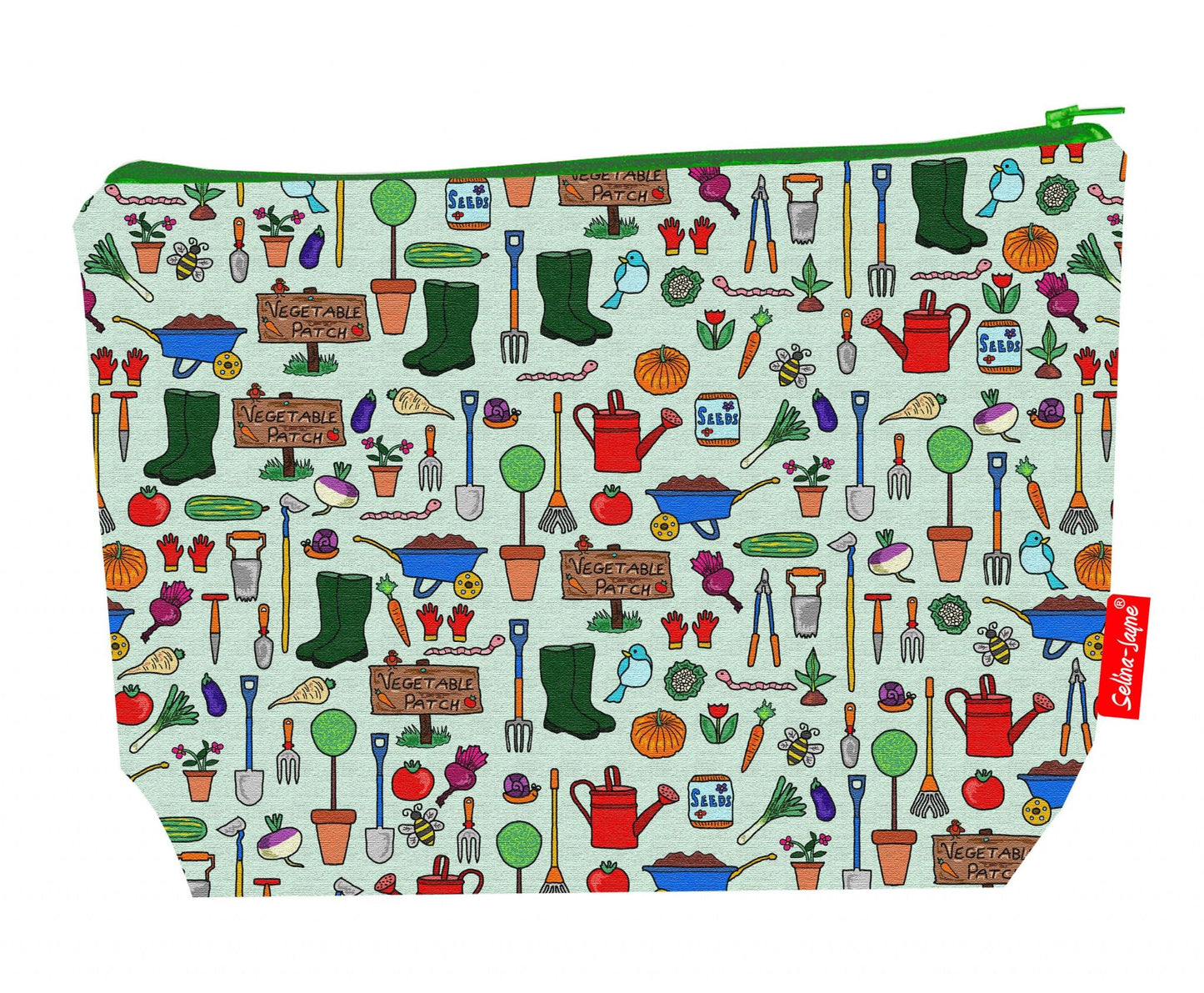 Gardening toiletry bag with garden design showing washable lining and zip detail