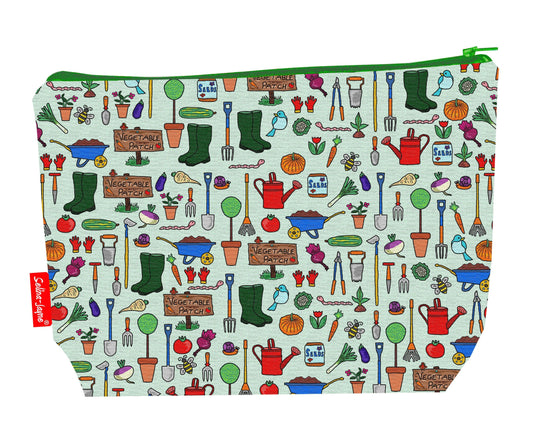 Gardening toiletry bag with garden design showing washable lining and zip detail
