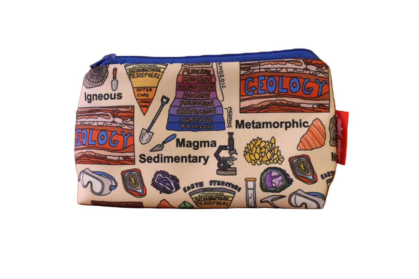 Geology cosmetic bag with earth science illustration on durable polyester fabric with colour-coordinated zipper