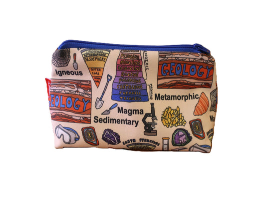 Geology cosmetic bag with earth science illustration on durable polyester fabric with colour-coordinated zipper