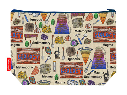 Geology toiletry bag with rocks and minerals design showing washable lining and zip detail