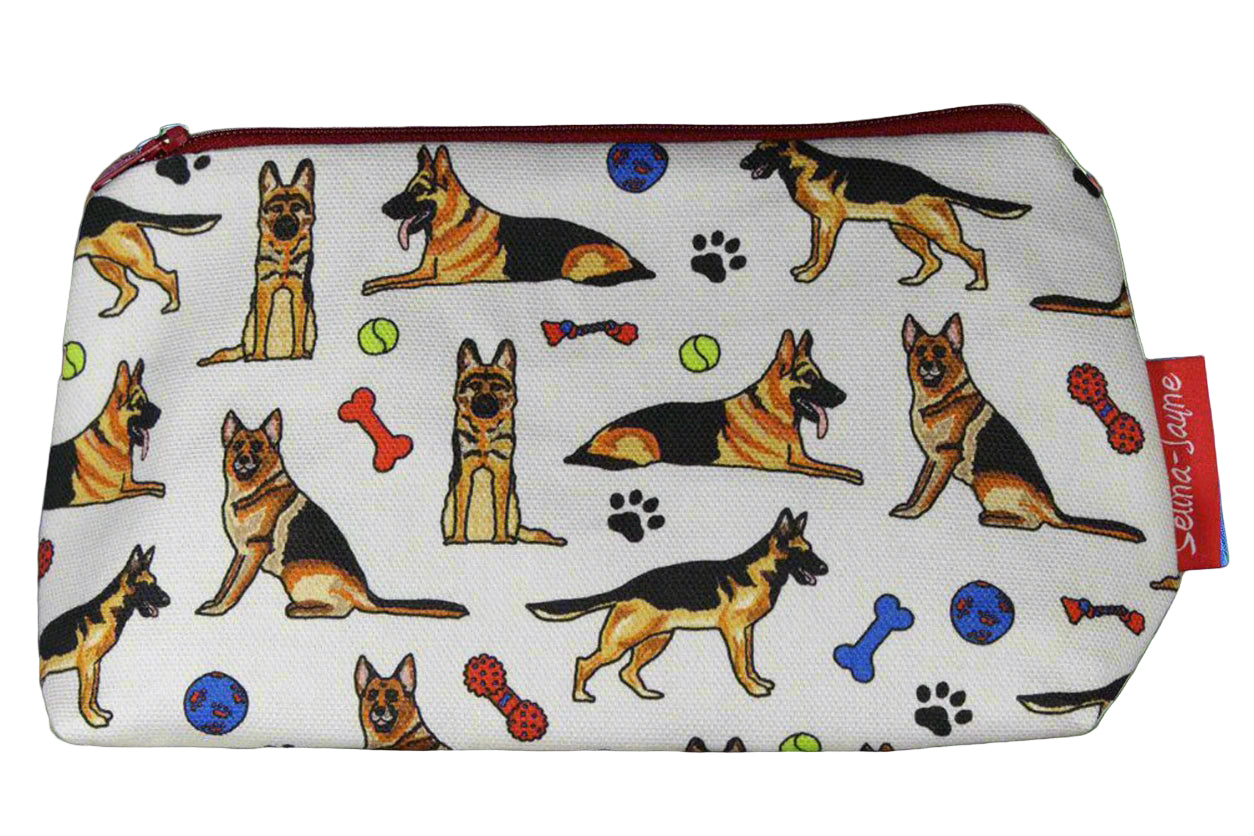 Premium German Shepherd makeup bag featuring wipe-clean lining and colourfast HD print, perfect dog lover gift