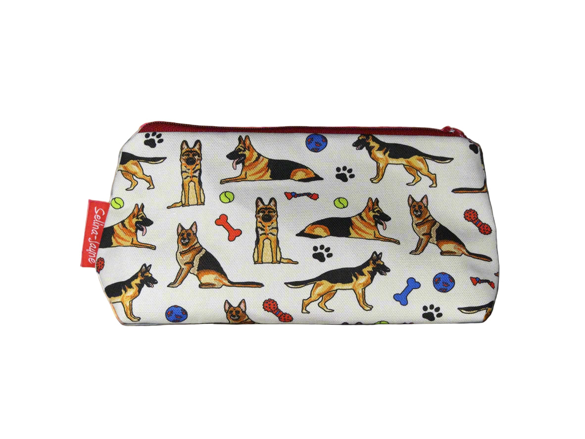 German Shepherd cosmetic bag with vibrant dog illustration on durable polyester fabric with colour-coordinated zipper