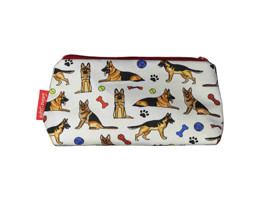 German Shepherd cosmetic bag with vibrant dog illustration on durable polyester fabric with colour-coordinated zipper