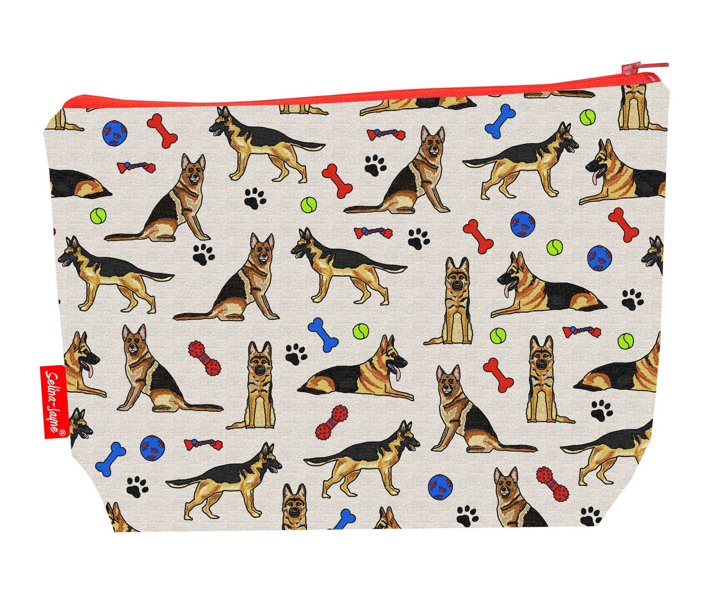 German Shepherd toiletry bag with dog breed design showing washable lining and zip detail