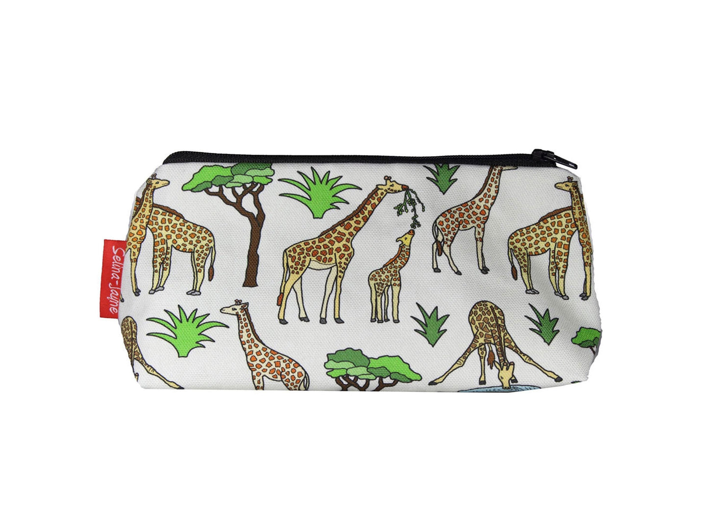 Giraffe cosmetic bag with majestic wildlife illustration on durable polyester fabric with colour-coordinated zipper