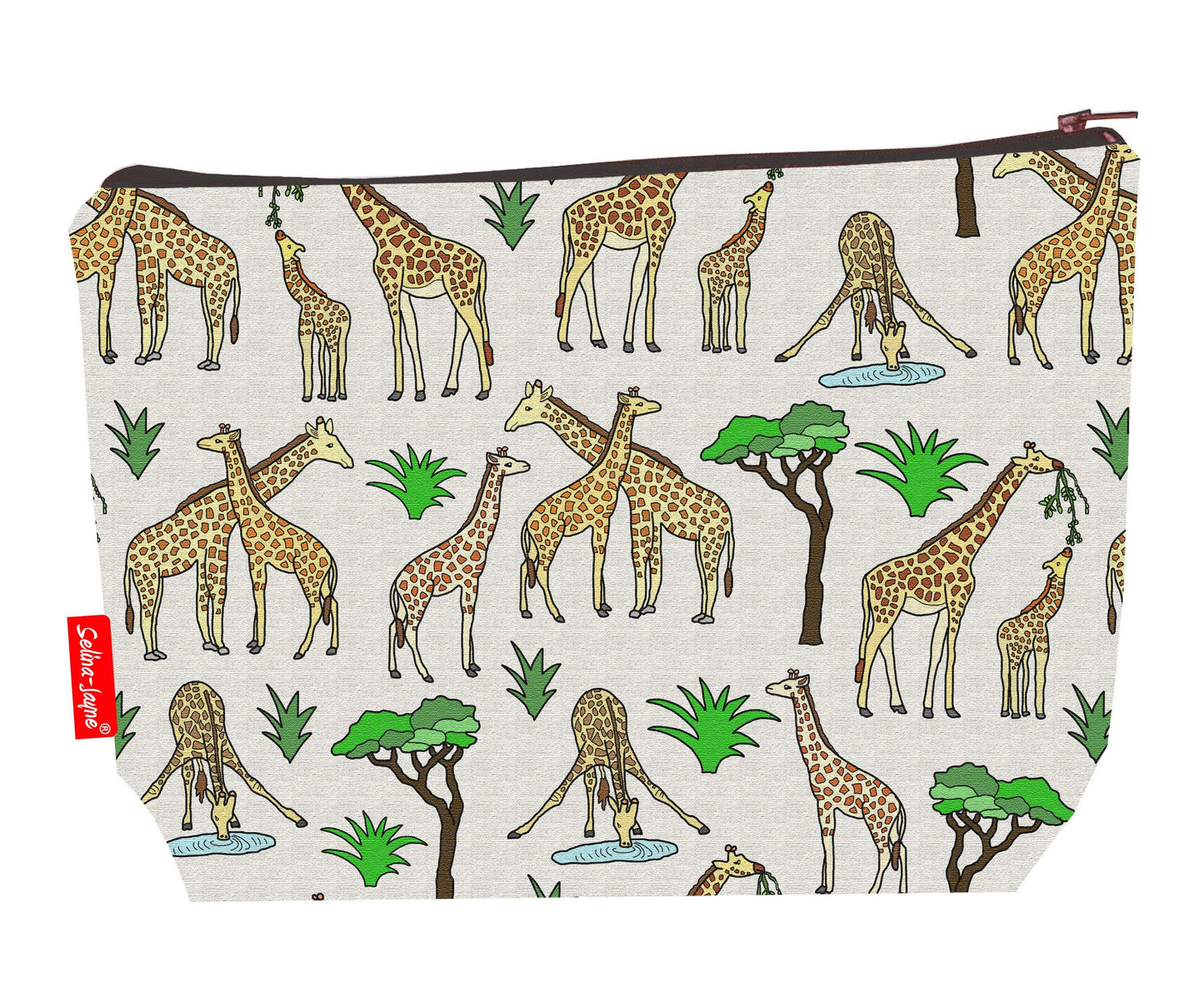 Giraffe toiletry bag with wildlife design showing washable lining and zip detail