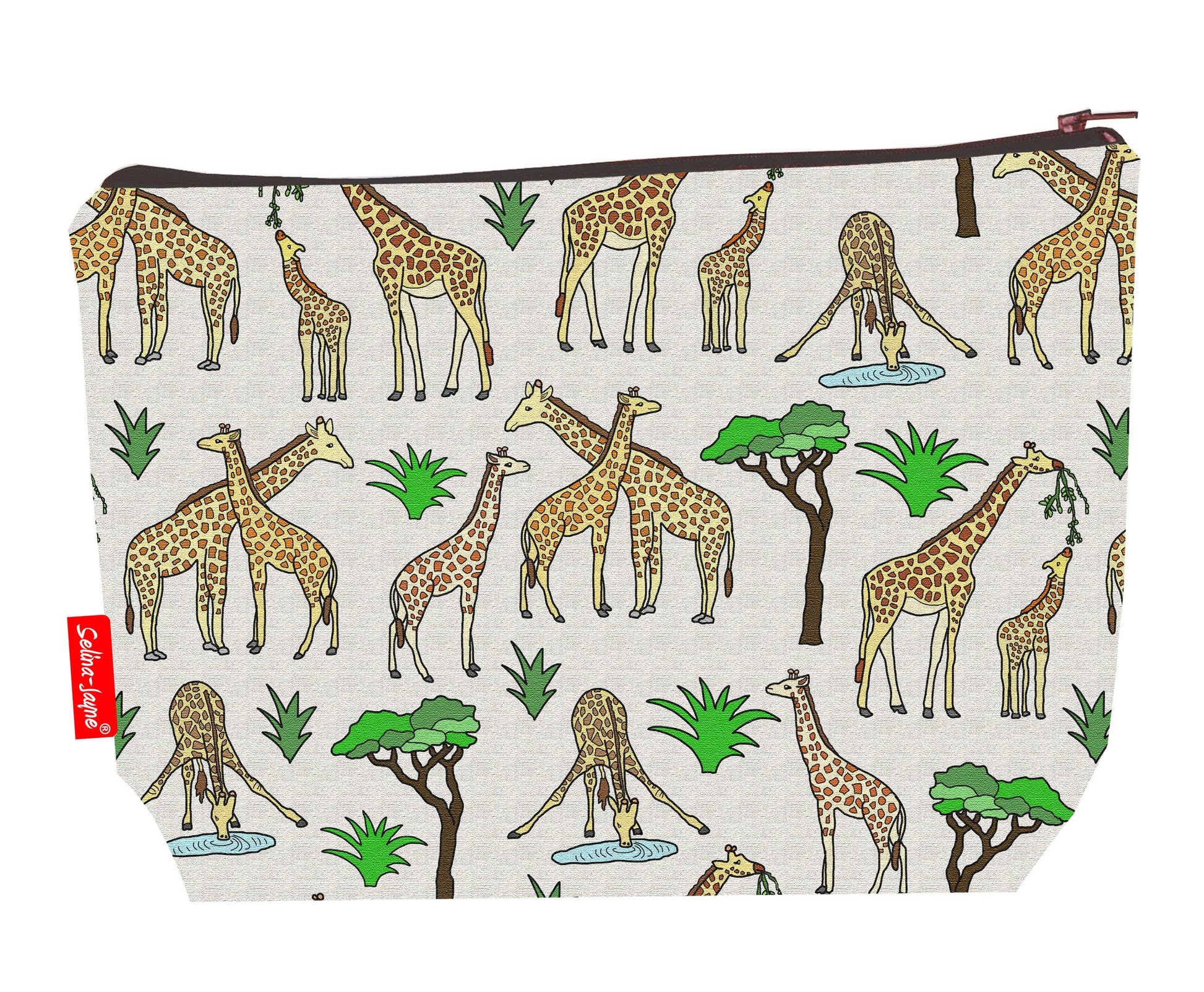 Giraffe toiletry bag with wildlife design showing washable lining and zip detail