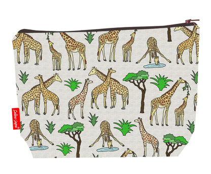 Giraffe toiletry bag with wildlife design showing washable lining and zip detail