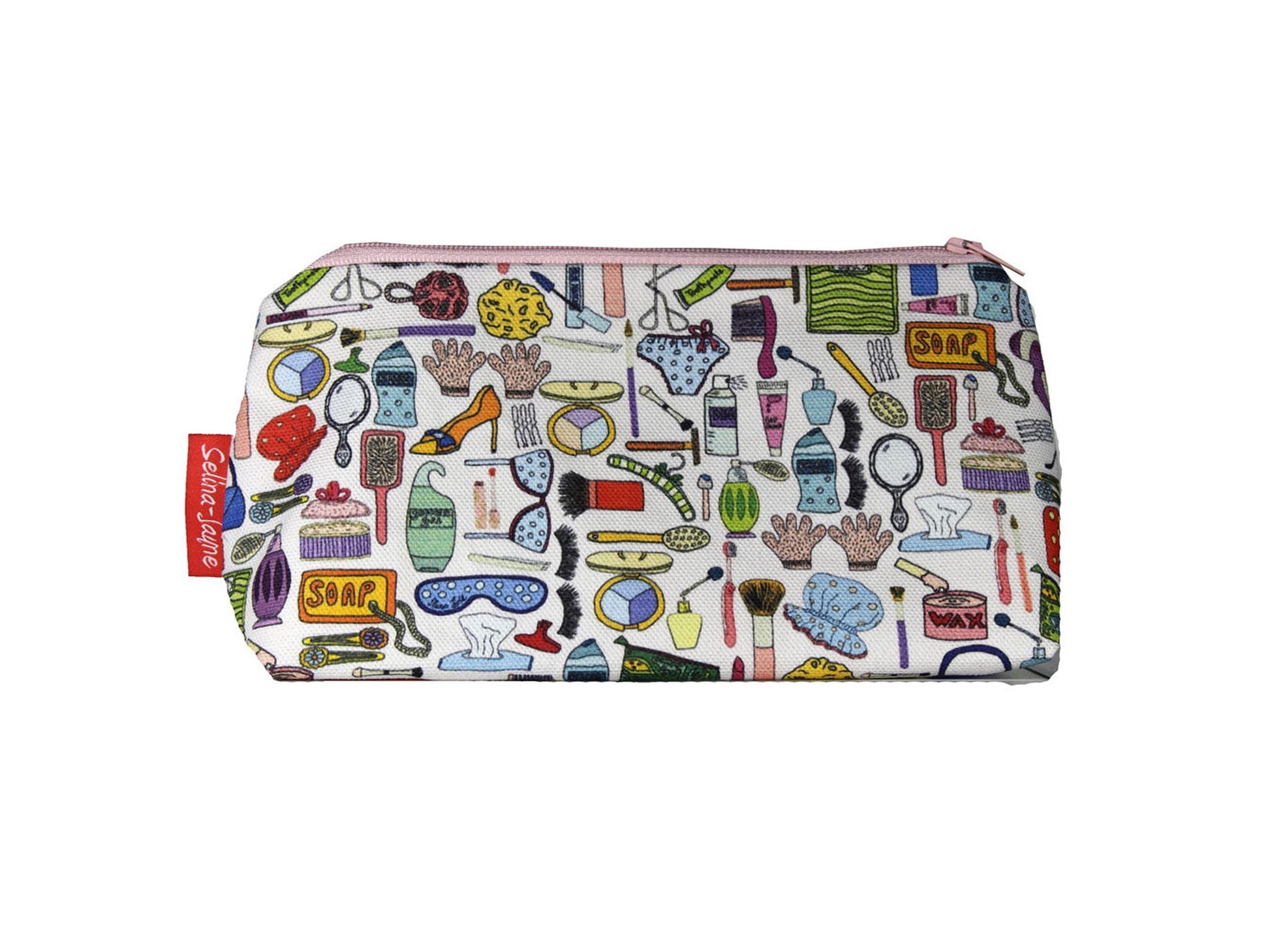 Girly cosmetic bag with feminine style illustration on durable polyester fabric with colour-coordinated zipper