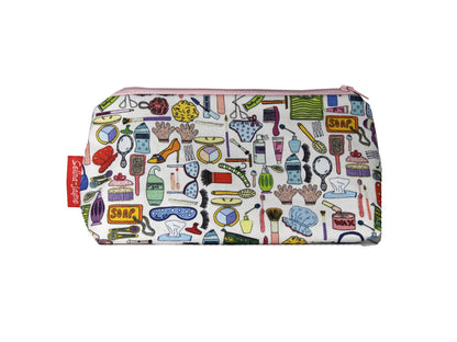 Girly cosmetic bag with feminine style illustration on durable polyester fabric with colour-coordinated zipper