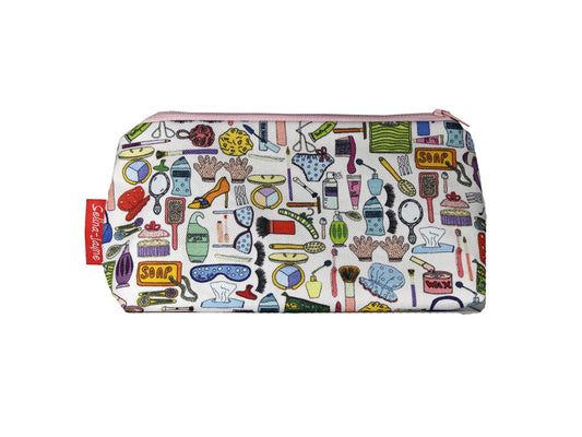 Girly cosmetic bag with feminine style illustration on durable polyester fabric with colour-coordinated zipper