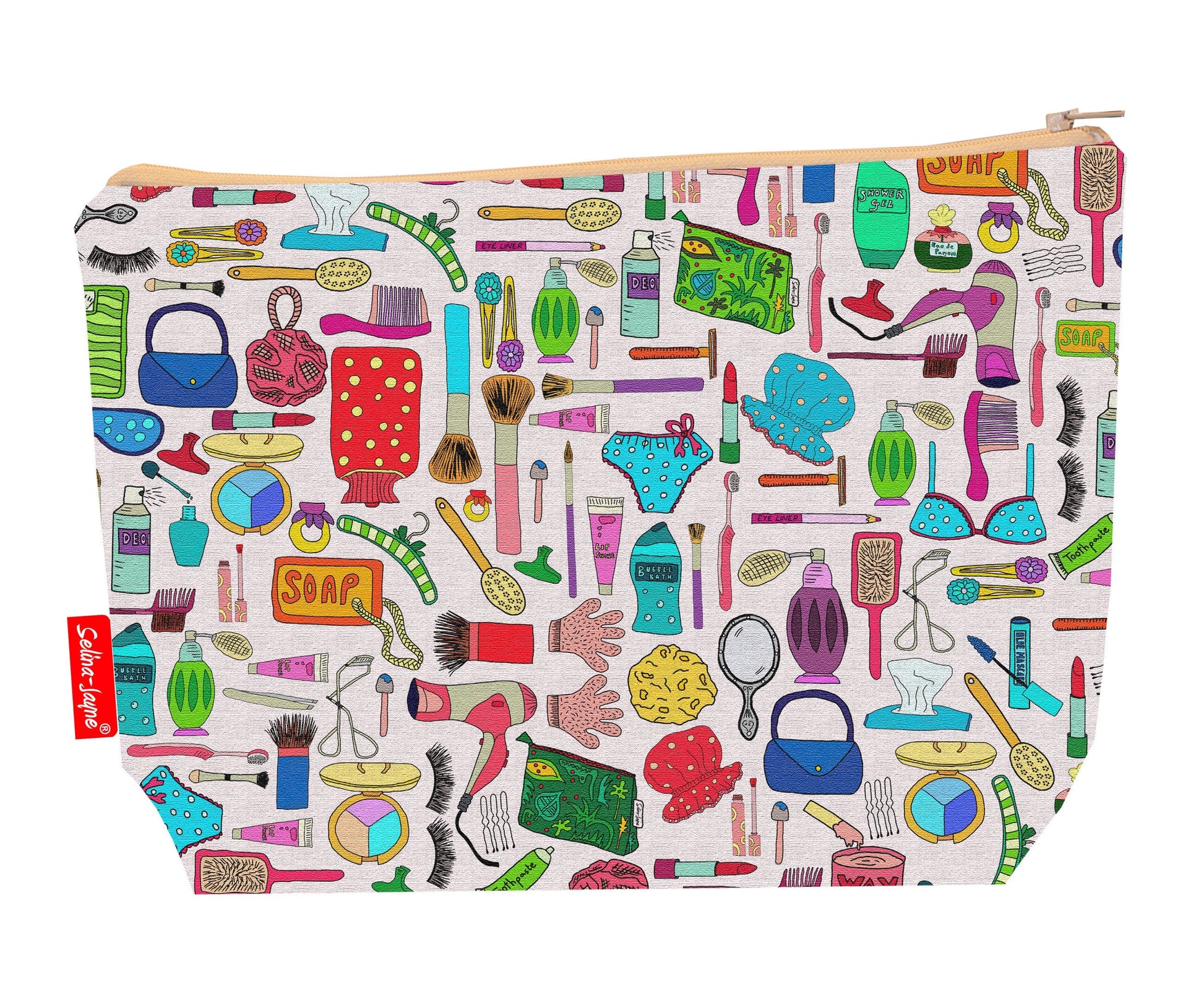 Girly toiletry bag with feminine design showing washable lining and zip detail