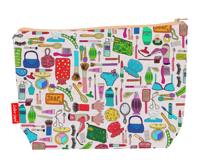 Girly toiletry bag with feminine design showing washable lining and zip detail