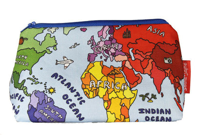 Premium Globe makeup bag featuring wipe-clean lining and colourfast HD print, perfect gift for travel lovers