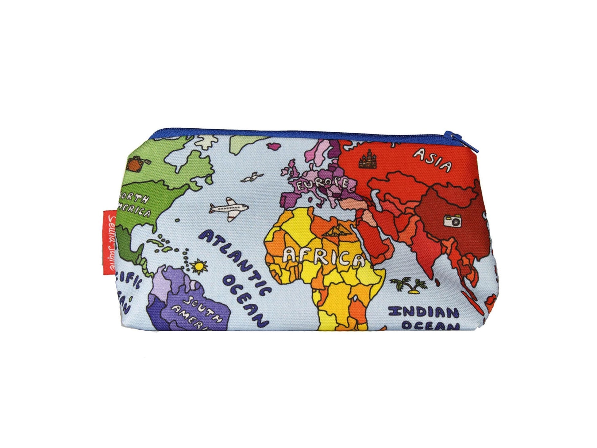Globe cosmetic bag with world travel illustration on durable polyester fabric with colour-coordinated zipper