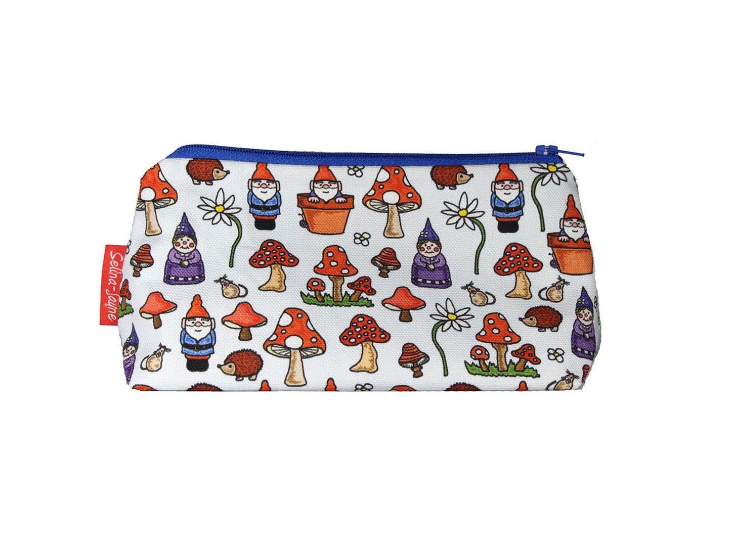 Gnomes cosmetic bag with charming garden gnome illustration on durable polyester fabric with colour-coordinated zipper