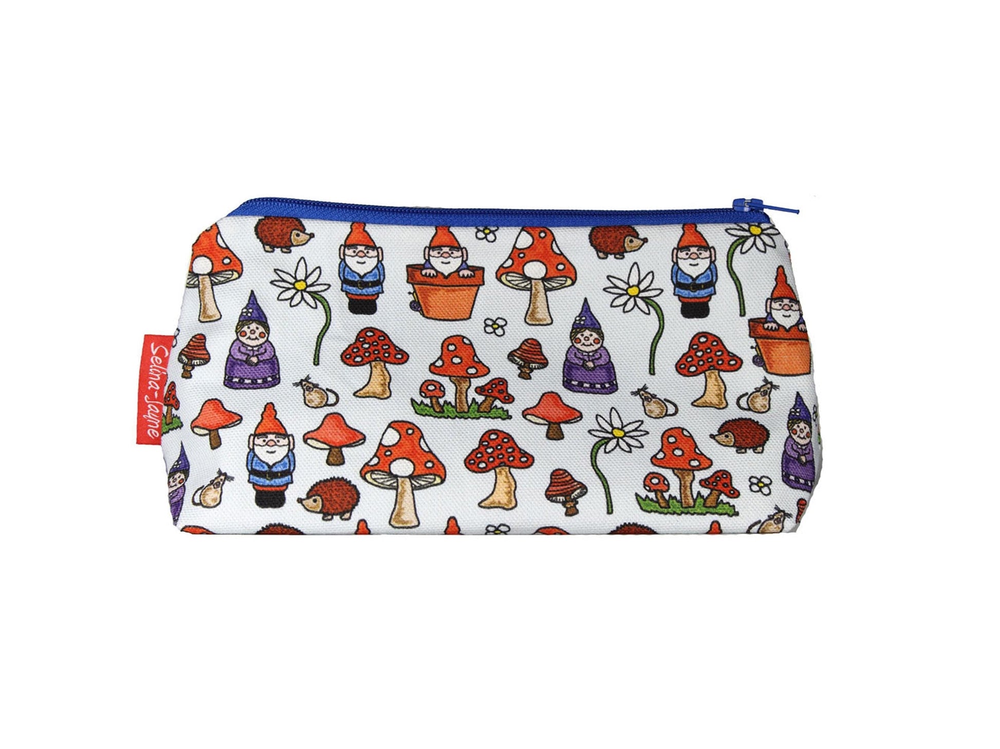 Gnomes cosmetic bag with charming garden gnome illustration on durable polyester fabric with colour-coordinated zipper