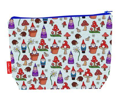 Gnomes toiletry bag with whimsical design showing washable lining and zip detail