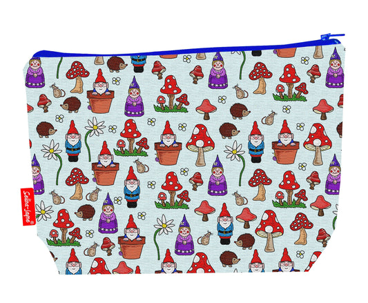 Gnomes toiletry bag with whimsical design showing washable lining and zip detail