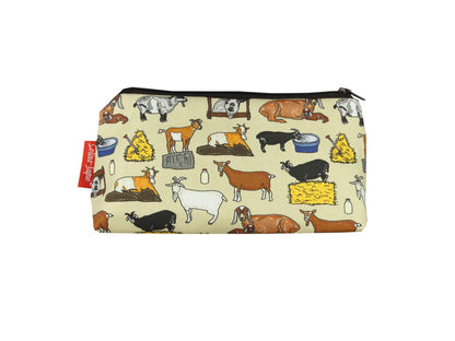 Goats cosmetic bag with charming animal illustration on durable polyester fabric with colour-coordinated zipper