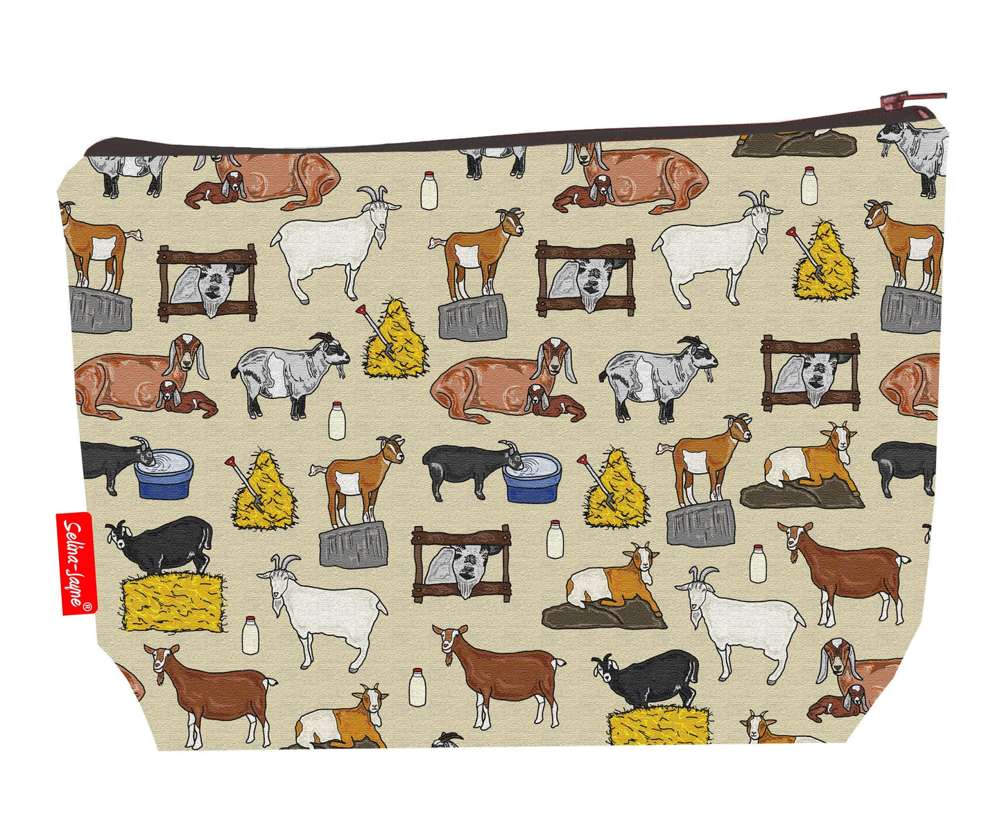 Goats toiletry bag with farm animal design showing washable lining and zip detail
